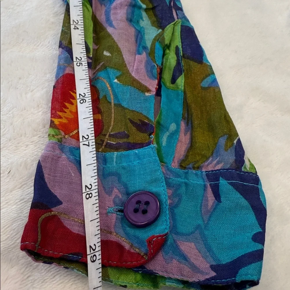 Intense vibrant floral Patterned crinkle blouse semi sheer long sleeves SZ Med - Picture 7 of 8